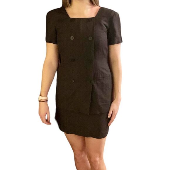 Ann Taylor Petites Sz 4 80s Black Double Breast Button Blazer Skirt Style Dress - Picture 2 of 12